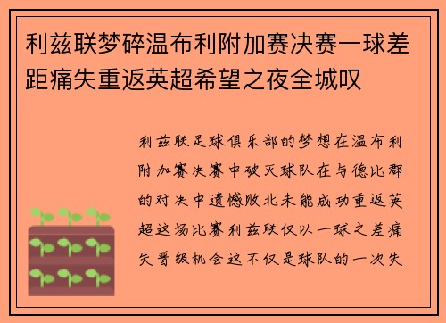 利兹联梦碎温布利附加赛决赛一球差距痛失重返英超希望之夜全城叹