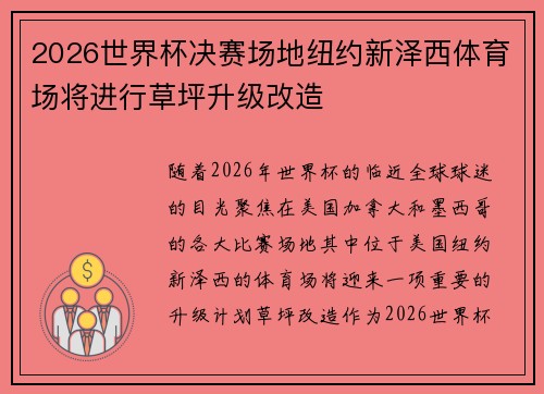 2026世界杯决赛场地纽约新泽西体育场将进行草坪升级改造